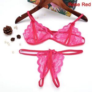 SEXY, 2 PIECE SET, LACE, BRA, OPEN FRONT, G-STRING, T-BACK, ROSE RED LINGERIE M